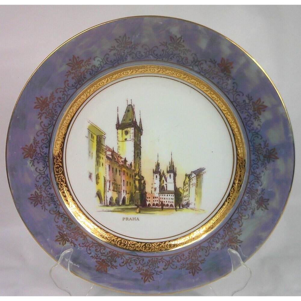 Prague Praha Bohemia Goldleaf Blue Iridescent Czech Plate 10 Inch